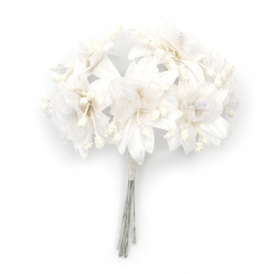 Λουλούδια ύφασμα και οργάντζα 45x100 mm σε ματσάκι, λευκό -6 τεμάχια