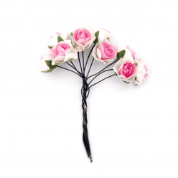 Buchet de trandafir de hârtie și sârmă de 15x80 mm alb cu roz deschis -10 bucăți