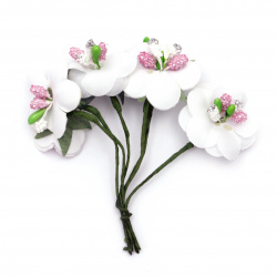 Букет цветя от текстил с тичинки цвят бял  30x90 мм -6 броя