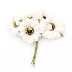 Букет цветя от текстил с тичинка цвят бял 45x110 мм -6 броя