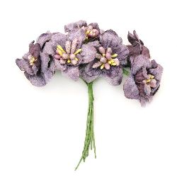 Flower bouquet textile for festive table decoration, greeting cards, albums 40x90 mm stamen purple - 6 pieces
