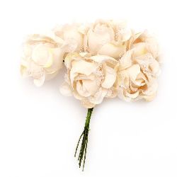 Buchet de trandafir din textile și dantelă 35x110 mm culoarea piersicii creț -6 bucăți