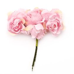 Букет къдрави рози от текстил и дантела цвят светло розов 35x110 мм -6 броя