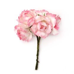 Bouquet of paper curly Roses with wire stems for decoration 25x70 mm white and pink - 6 pieces