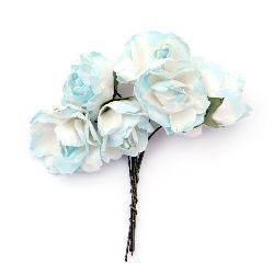 Bouquet of paper curly Roses with wire stems for decoration 25x70 mm white and blue - 6 pieces