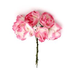 Buchet de trandafir de hârtie și sârmă de 25x70 mm alb și roz închis -6 bucăți