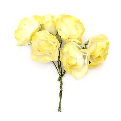 Bouquet of paper curly Roses with wire stems for decoration 25x70 mm  white and yellow - 6 pieces