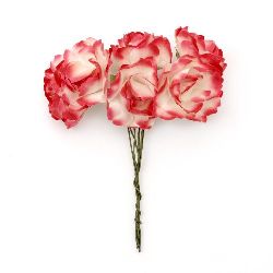 Buchet de trandafir de hârtie și sârmă 25x70 mm cret alb și roșu -6 bucăți