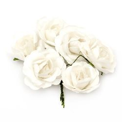 Bouquet of paper curly Roses with wire stems for decoration 35x80 mm white - 6 pieces