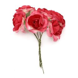 Букет къдрави рози от хартия и тел цвят червен 35x80 мм -6 броя
