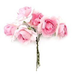 Bouquet of paper curly Roses with wire stems for decoration 35x80 mm light pink - 6 pieces