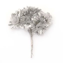 Buchet de flori textile și organza 40x110 culoare argintiu -6 bucăți