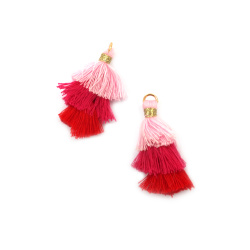 Three Layer Textile Tassel with Ring, Colors: Pink, Cyclamen and Red, 43~50x14~24 mm - 2 pieces