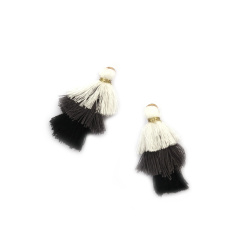 Three Layer Textile Tassel with Ring, Colors: White, Gray and Black, 43~50x14~24 mm - 2 pieces