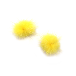 Real Fur Fluffy Pompoms, Natural Leather, for Decoration, 25 mm, Color: Yellow - 2 pieces
