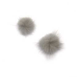Fluffy Pompoms from Real Fur, Natural Leather, for Decoration, 25 mm, Color: Gray - 2 pieces