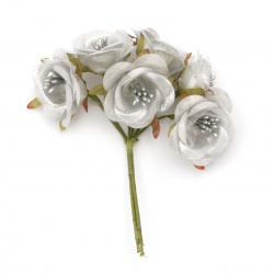 Букет цветя от текстил с тичинки цвят сребро 40x120 мм -6 броя