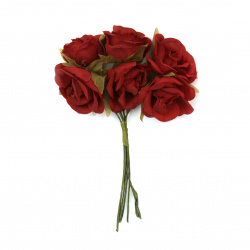 Букет рози от текстил цвят червен 30x100 мм -6 броя