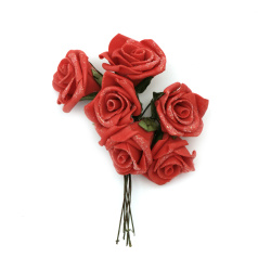 Букет гумирани рози цвят червен с брокат 35~40x140 мм -6 броя