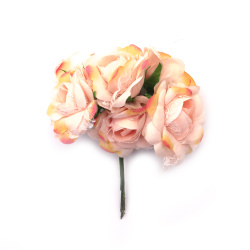 Роза букет текстил и дантела 60x140 мм цвят бледа праскова -6 броя