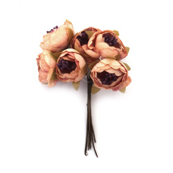 Textile Peony Bouquet with Stamens, 25x120 mm, Beige and Purple Melange - 6 pieces