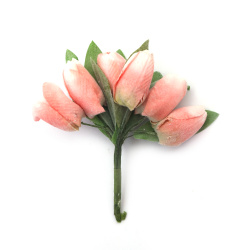 Fabric Tulip Bouquet, 20x140 mm,  White and Pink Melange - 6 pieces