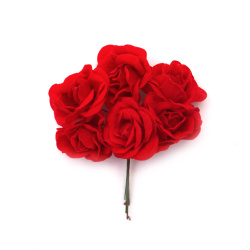 Букет рози от текстил цвят червен 45x120 мм -6 броя