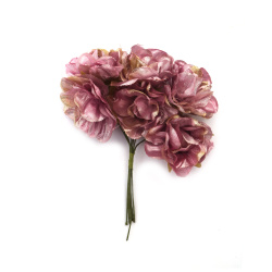 Роза букет текстил 40x110 мм цвят меланж светло розово, злато -6 броя