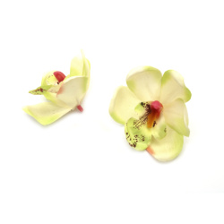 Orchid Flower Head with a Stud for Installation, White and Reseda Melange, 70 mm - 5 pieces