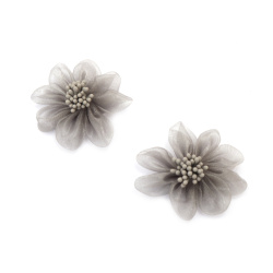 Organza Flower with Stamens / 50 mm / Gray - 2 pieces