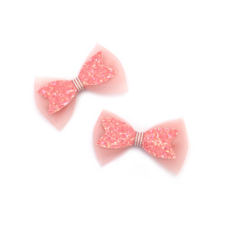 Decorative Bow: Textile, Tulle and Glitter Powder / 70x45 mm / Pink -  2 pieces