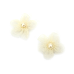 Floare din organza cu perla 55 mm culoare sampanie - 4 bucati