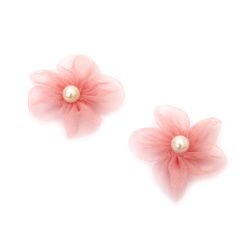 Floare din organza cu perla 55 mm culoare roz - 4 bucati