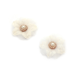 Decorative Flower - Lace and Organza with Pearl and Crystals / 45 mm / White - 2 pieces