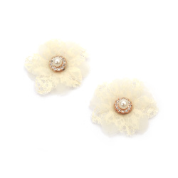 Decorative Flower - Lace and Organza with Pearl and Crystals / 45 mm / Champagne Color - 2 pieces