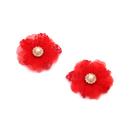 Decorative Flower - Lace and Organza with Pearl and Crystals / 45 mm / Red - 2 pieces
