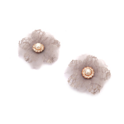 Dantela flori si organza cu perle si cristale 45 mm culoare gri deschis - 2 bucati
