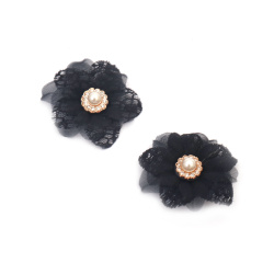 Decorative Flower - Lace and Organza with Pearl and Crystals / 45 mm / Dark Blue - 2 pieces