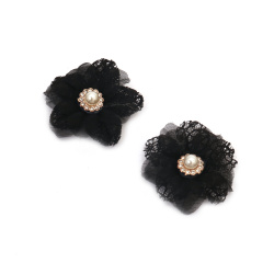 Decorative Flower - Lace and Organza with Pearl and Crystals / 45 mm / Black - 2 pieces