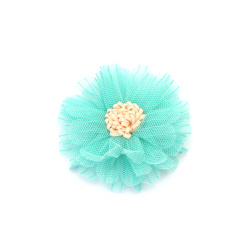 Decorative Tulle Flower / 65 mm / Aquamarine - 2 pieces