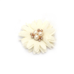 Fabric Flower with Pearls and Crystals / 60 mm / Cream Color - 2 pieces