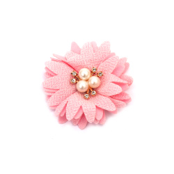 Fabric Flower with Pearls and Crystals / 60 mm / Light Pink - 2 pieces