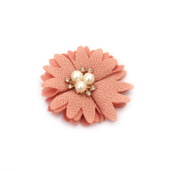 Fabric Flower with Pearls and Crystals / 60 mm / Powder Color -  2 pieces