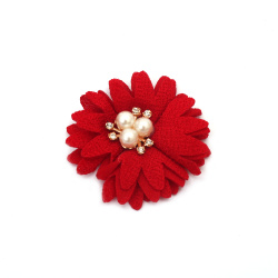 Fabric Flower with Pearls and Crystals / 60 mm / Red - 2 pieces