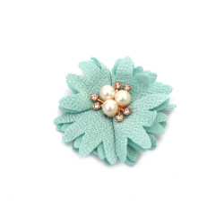 Fabric Flower with Pearls and Crystals / 60 mm / Mint Color - 2 pieces