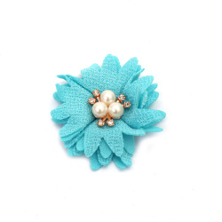 Fabric Flower with Pearls and Crystals / 60 mm / Blue - 2 pieces