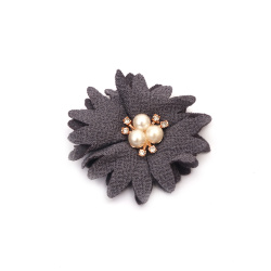 Fabric Flower with Pearls and Crystals / 60 mm / Gray - 2 pieces