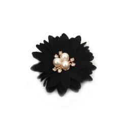 Fabric Flower with Pearls and Crystals / 60 mm / Black - 2 pieces