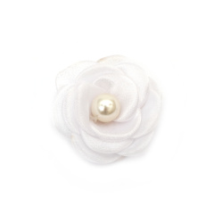 Organza trandafir cu perla 55 mm culoare alb - 2 bucati