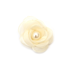 Trandafir organza cu perla 55 mm culoare sampanie - 2 bucati